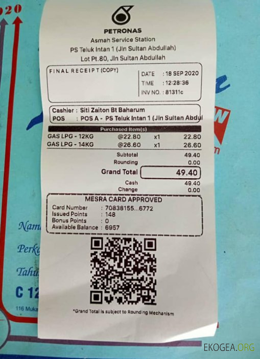 Reçu de paiement du groupe Petronas